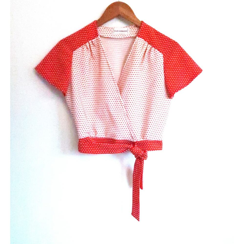 GAY GIBSON Vintage 1960s Polka Dot Swiss Dot Wrap Tie V-Neck Crop Top Blouse S